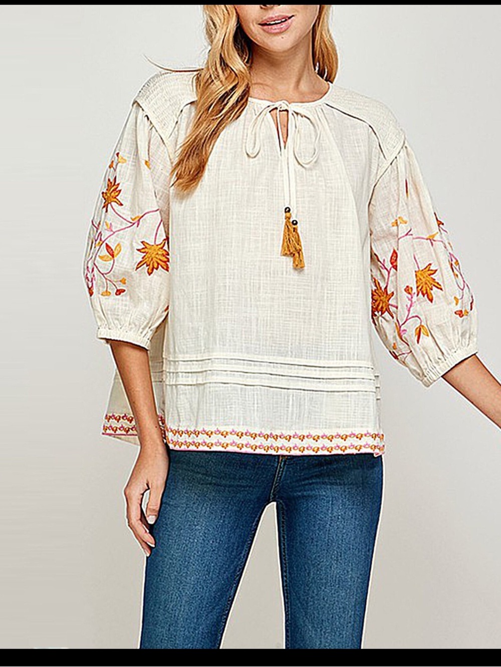 See and Be seen Embroidered Peasant Blouse with Tassel Tie- worn a few times